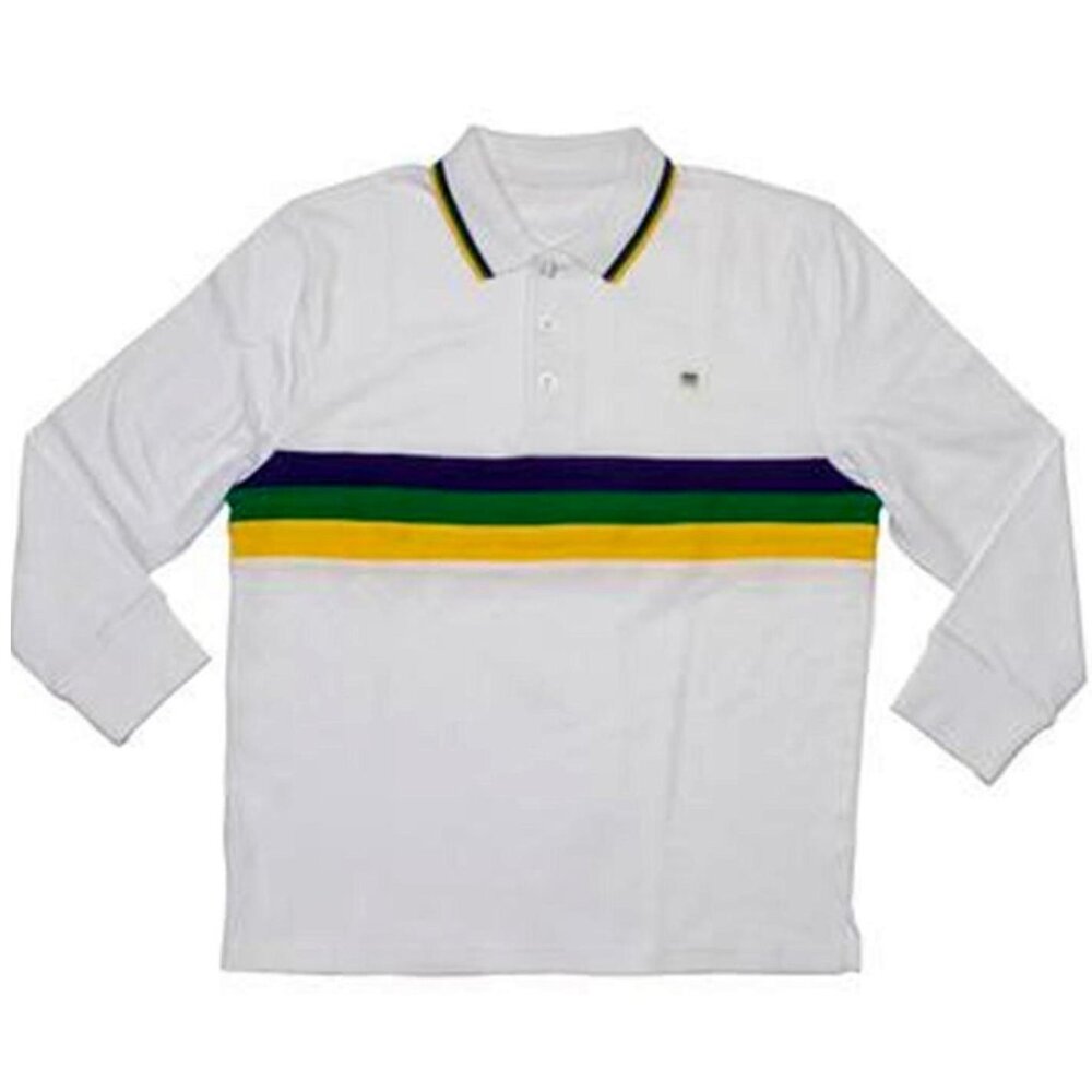 Child Mardi Gras Chest Stripe White Purple Green Gold Long Slv Polo Shirt S M XL